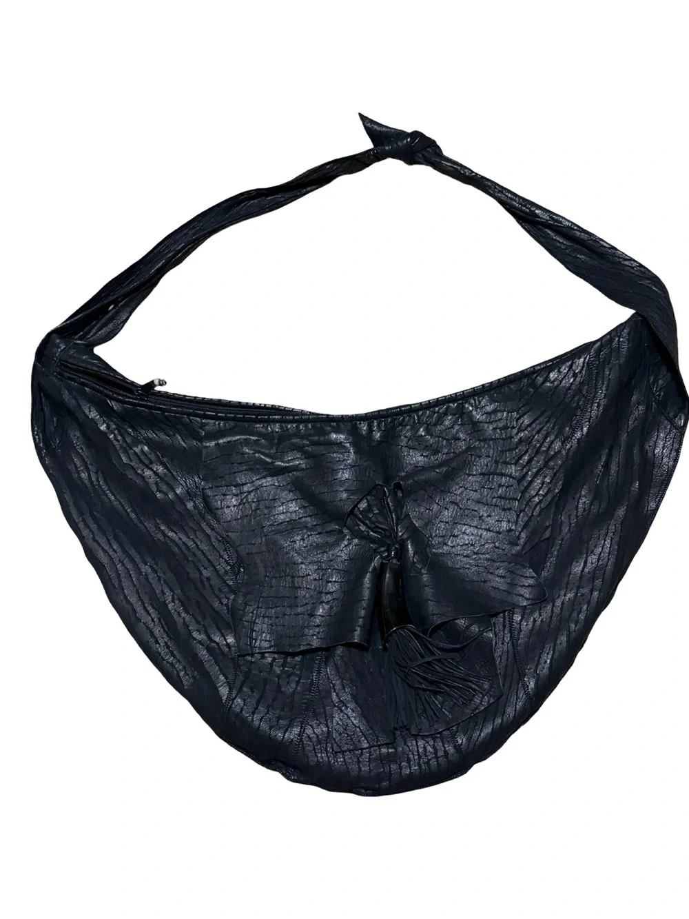 Viva Vintage Genuine Leather Black Croissant Tassel Hobo Adjustable Shoulder Bag